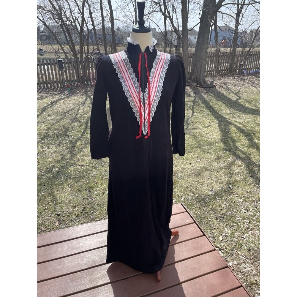 Vintage Louise D Robe Black Size S Long Sleeve Lace Trim Zipper Long Acetate